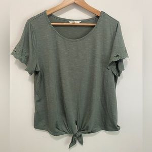 Adiva Green Top with Front Tie and Lace Trim Sleeve, Size Large